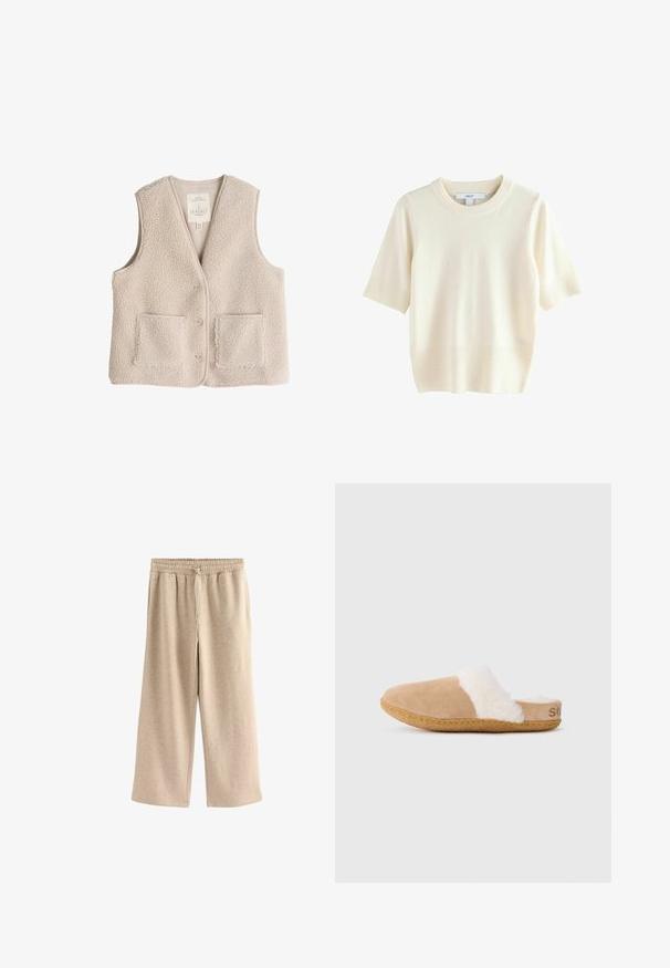 Chaleco de forro polar en beige claro, con escote en V, tres botones y dos bolsillos frontales. Textura suave con un diseño acogedor y aislante.; Jersey de manga corta color crema hecho de tela suave. Presenta un cuello y dobladillo acanalados, con textura lisa y corte holgado.; Pantalones de pierna ancha color crema, hechos de una suave mezcla de algodón. Presentan una cintura elástica con cordón y una sutil textura moteada.; Zapatilla deslizante de ante marrón con forro blanco esponjoso y suela de goma, mostrada de perfil lateral sobre fondo blanco.