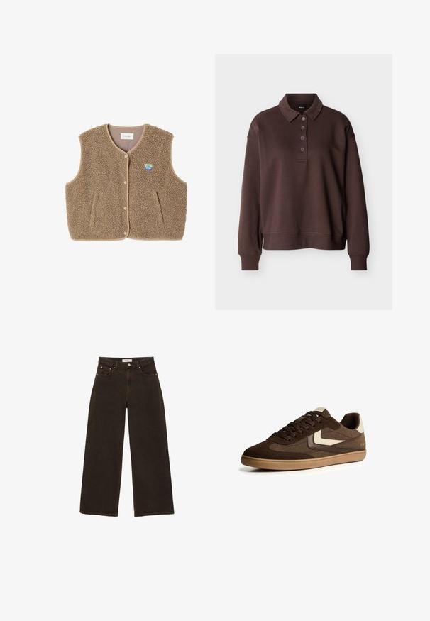 Brauner Fleece-Weste mit weicher Textur, runder Ausschnitt, vorderer Druckverschluss und Seitentaschen; verfügt über ein kleines Logo-Patch.; Braunes Langarm-Poloshirt mit vier Knöpfen, gerippten Bündchen und einem gerippten Saum vor einem schlichten weißen Hintergrund.; Dunkelbraune, weit geschnittene Jeans aus Denim mit Knopf- und Reißverschluss vorn, vorderen Taschen mit Nieten und Gürtel-Schlaufen, flach auf weißem Hintergrund ausgelegt.; Braune Wildleder- und Stoff-Sneaker mit niedrigem Schaft, beige Akzenten, Gummisohle, Schnürverschluss und minimalistischen Design auf weißem Hintergrund.