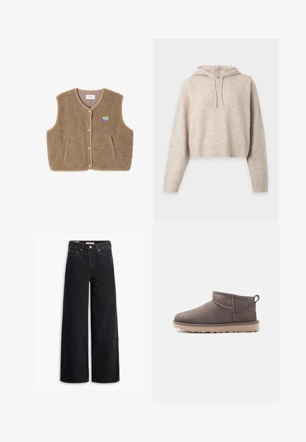 Bruine fleece vest met een zachte textuur, ronde halslijn, sluiting met drukknoop aan de voorkant en zijzakken; heeft een kleine logo patch.; Beige gebreide cropped hoodie met lange mouwen en trekkoorden, getoond op een effen lichte achtergrond.; Zwarte brede jeans gemaakt van denim, met vijf zakken, koperen klinknagels en een klassieke knoopsluiting. Glad van textuur met een strakke uitstraling.; Lage, bruin suède instapschoen met een textuurrijke zool en trekkoord op een effen achtergrond.