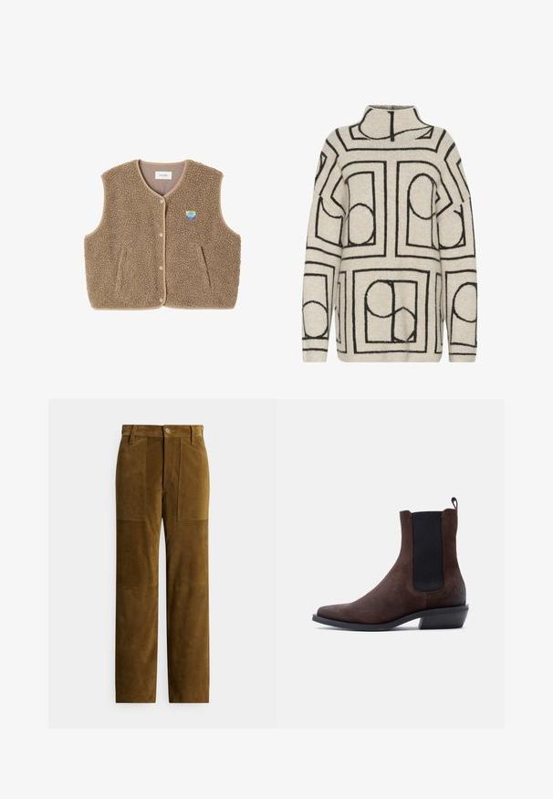 Brun fleece vest med en blød tekstur, rund halsudskæring, frontsnaplukning og sidelommer; har et lille logo patch.; Strikpullover i lys beige med sorte geometriske mønstre, har høj hals, løs pasform og tekstureret stof for ekstra varme.; Brune ruskindsbukser med lige pasform, der har to forlommer med lap og en glat tekstur. Knappelukning i taljen.; Brun ruskind Chelsea-støvle med sort elastisk sidepanel, trækflig bagpå, lav hæl og spids tå på hvid baggrund.