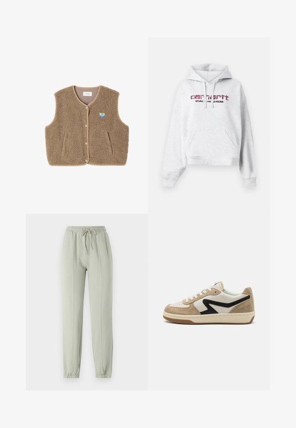 Brun fleece vest med en blød tekstur, rund halsudskæring, frontsnaplukning og sidelommer; har et lille logo patch.; Grå hættejakke i fleece, med kengurulomme, snøre i hætten og en lyserød broderet "carhartt"-logo med "WORK IN PROGRESS."; Lys grønne sweatpants med elastisk talje, justerbar snøre og tapered manchetter. Har vertikale sømdetaljer langs fronten.; rag & bone RETRO COURT - Sneakers - dove/sand