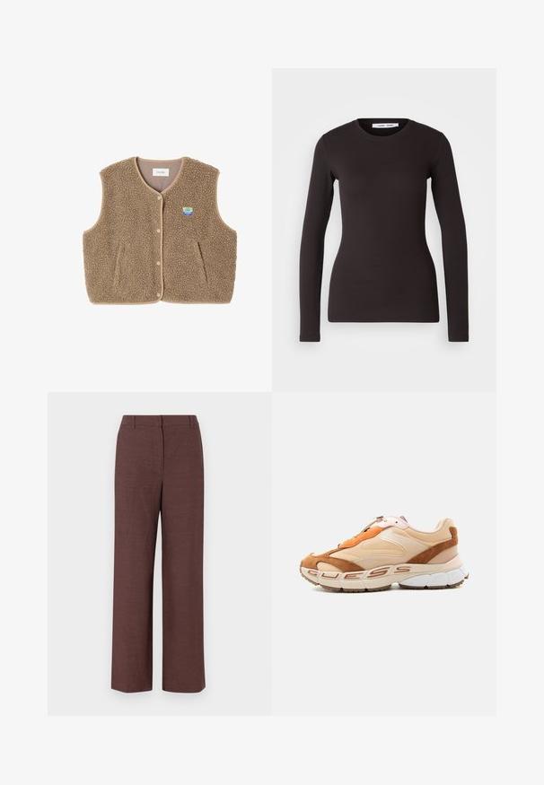 Gilet en polaire marron avec une texture douce, encolure ronde, fermeture à pression à l'avant et poches latérales ; présente un petit patch logo.; Haut noir à manches longues en tissu doux et extensible. Il présente un col rond et une coupe ajustée avec une texture lisse et sans motifs visibles.; Pantalons larges marron en tissu texturé avec une finition lisse, présentant un devant plat, des passants de ceinture et des poches latérales.; Baskets basses beige et marron avec semelle épaisse et inscription "GUESS" sur le côté, vues de profil droit.