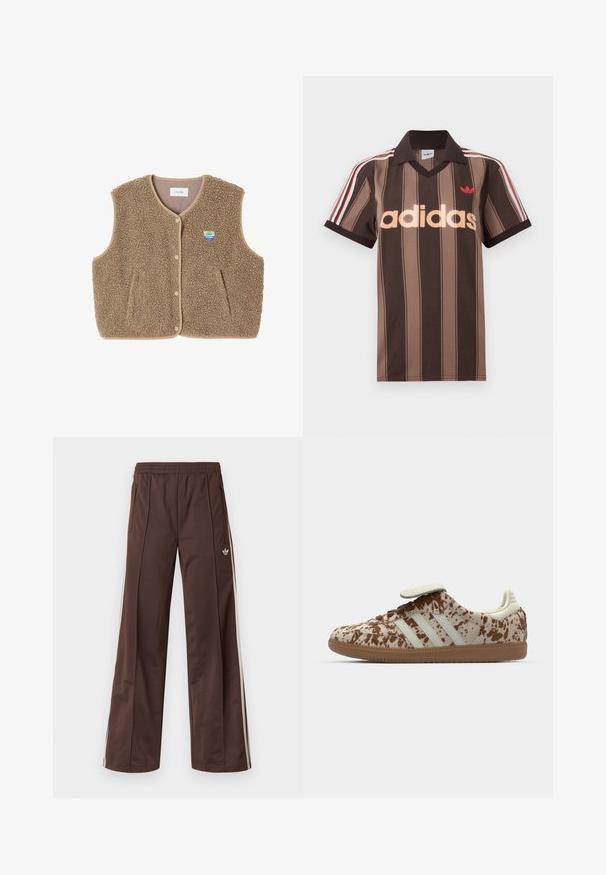 Chaleco de forro polar marrón con una textura suave, escote redondeado, cierre frontal de botones a presión y bolsillos laterales; presenta un pequeño parche con el logo.; Polo Adidas marrón con rayas, cuello en V, cuello burdeos y logo rojo. Presenta rayas blancas y rojas en los hombros, mangas cortas.; Pantalones deportivos marrones con diseño de pierna ancha, franjas laterales blancas, cintura elástica y dos bolsillos laterales. Presentan un pequeño logo en la pierna.; Zapatilla con un patrón moteado en beige y marrón, que presenta tres rayas blancas, una correa de velcro y una suela de goma marrón.