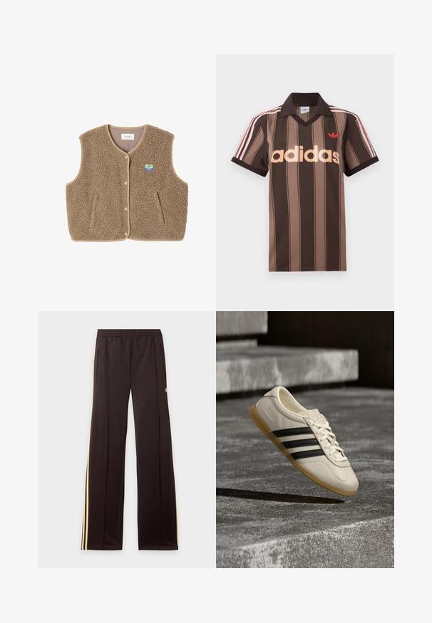 Chaleco de forro polar marrón con una textura suave, escote redondeado, cierre frontal de botones a presión y bolsillos laterales; presenta un pequeño parche con el logo.; Polo Adidas marrón con rayas, cuello en V, cuello burdeos y logo rojo. Presenta rayas blancas y rojas en los hombros, mangas cortas.; Pantalones de chándal negros con rayas amarillas laterales, cintura elástica, bolsillos laterales con cremallera y un pequeño logo en el muslo superior.; Zapatilla blanca con rayas negras y suela de goma suspendida sobre escaleras de hormigón en luz diurna suave.