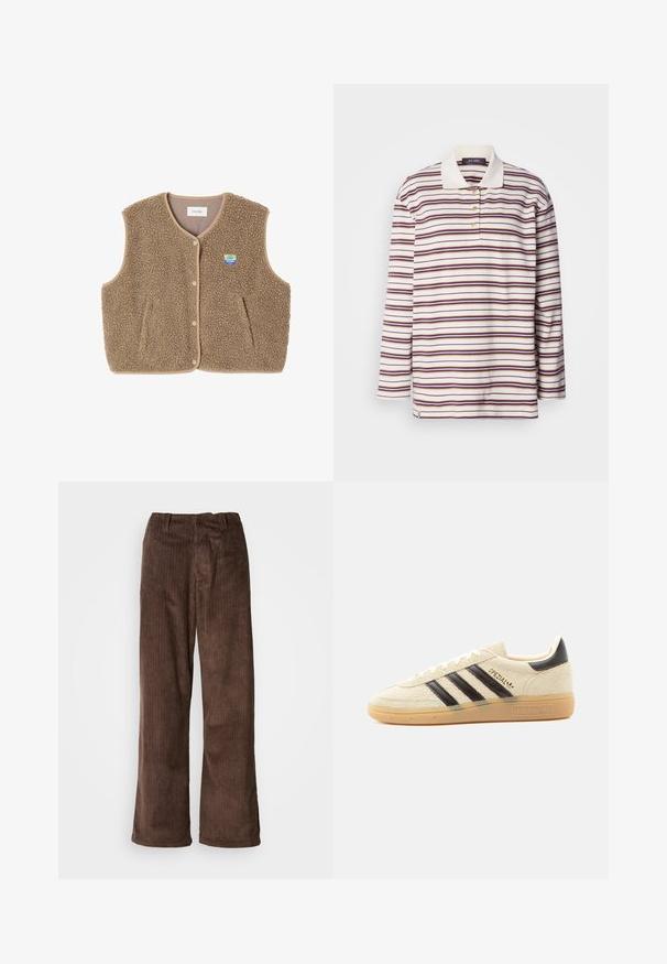 Hnedý fleecový vest s mäkkou štruktúrou, okrúhlym výstrihom, predným zapínaním na cvoky a bočnými vreckami; obsahuje malé logom.; Mos Mosh STRIPE - Polokošeľa - brunnera/blue; Hnedé kordové nohavice so širokým strihom, s vertikálnymi rebrami a pásom. Tkanina má jemný, textúrovaný vzhľad.; Kréme semišová teniska s čiernymi pruhmi, gumovou podrážkou, čiernou pätovou pätkou a zlatým textom „SPEZIAL“ na strane.