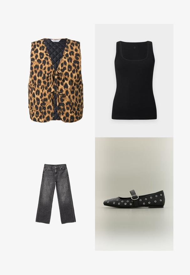 Quiltet leopardmønstret vest i brun og sort, med v-hals, bindelukning og to sidelommer. Struktureret stof med geometrisk mønster.; Sort tætsiddende tanktop lavet af glat stof, med en firkantet halsudskæring og brede stropper; uden synlige mønstre eller accenter.; Mørkegrå denim jeans med vid ben, front- og baglommer, knaplukning og diskrete slidte detaljer.; Sort flad Mary Jane-sko med sølv øjnegældetaljer og en sølvspænde på remmen mod en neutral baggrund.