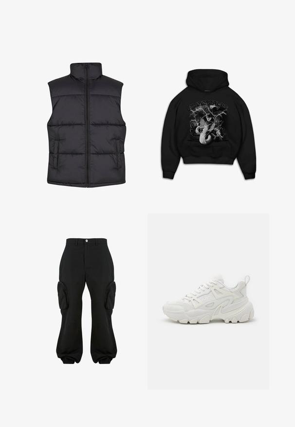 Sort polstret ærmeløs vest med høj krave, frontlynlås og sidelommer, der har en glat overflade og kviltet design.; Sort hættejakke med et grafisk motiv af en slange med lynaccentuer. Teksten ovenfor lyder "MJ GONZALES". Materialet ser blødt ud med en afslappet pasform.; Sorte cargobukser med en afslappet pasform, der har to sidelommer, elastiske manchetter ved anklerne og en knaplukning i taljen.; Hvide atletiske sneakers med en struktureret overdel, netpaneler, fremtrædende gummisål og dekorative udsparinger på siden.