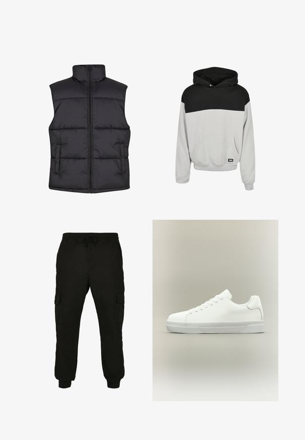 Chaleco sin mangas acolchado negro con un cuello alto, cremallera frontal y bolsillos laterales, que presenta una textura suave y un diseño acolchado.; Sudadera con capucha de sección superior negra y sección inferior gris claro, con bolsillo frontal y puños y dobladillo acanalados.; Pantalones cargo negros de tela suave, con una cinturilla elástica y cordón, bolsillos laterales y puños ajustados.; Zapatilla blanca de corte bajo con cierre de cordones, cuello acolchado y suela de goma texturizada, mostrada de perfil sobre un fondo neutro.