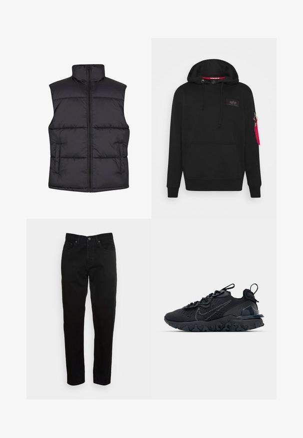 Gilet sans manches noir matelassé avec un col haut, fermeture éclair à l'avant et poches latérales, présentant une texture lisse et un design matelassé.; Sweat à capuche noir en mélange de coton, avec une poche kangourou, des poignets côtelés et une poche zippée sur la manche avec une étiquette en tissu rouge.; Jean slim noir avec fermeture à bouton à l'avant et design à cinq poches, présenté sur un fond gris clair uni.; Chaussure de sport noire avec une tige en mesh respirant, des accents texturés et une semelle en caoutchouc ondulée. Comprend un logo réfléchissant et un système de laçage.