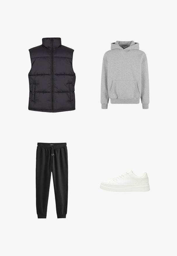 Sort polstret ærmeløs vest med høj krave, frontlynlås og sidelommer, der har en glat overflade og kviltet design.; Grå sweatshirt med hætte, lange ærmer og frontlomme. Fremstillet af blødt stof med ribbede manchetter og kant. Minimalistisk design og alsidig stil.; Sorte sweatpants lavet af blødt stof, med en elastisk talje med snøre, tætsiddende ben og ribbede manchetter ved anklerne.; Hvid sneaker med en glat læderoverdel, flade snørebånd og en tyk gummisål. Minimalistisk design med diskret syning og glatte detaljer.