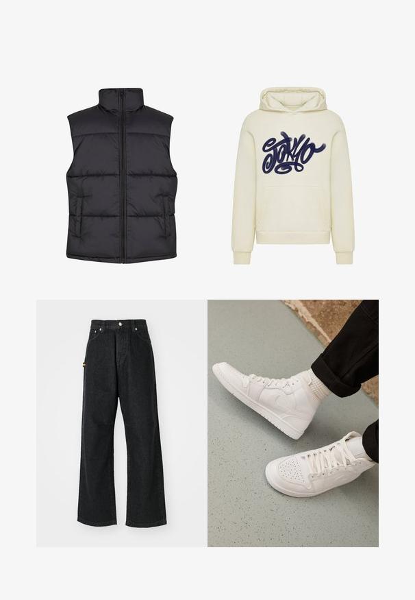 Chaleco sin mangas acolchado negro con un cuello alto, cremallera frontal y bolsillos laterales, que presenta una textura suave y un diseño acolchado.; Sudadera crema hecha de tela suave, con un gran gráfico en azul oscuro que dice "TOKIO" en una fuente estilizada en el centro. Incluye un bolsillo de bolsillo en la parte delantera.; Jeans de pierna ancha negros hechos de denim. Presentan una cintura alta, cinco bolsillos y detalles de metal. Textura suave con un desgaste mínmo.; Zapatillas altas blancas hechas de cuero suave con puntera perforada, cierre de cordones y sutil detalle del logo en el lateral. Suela de goma texturizada.