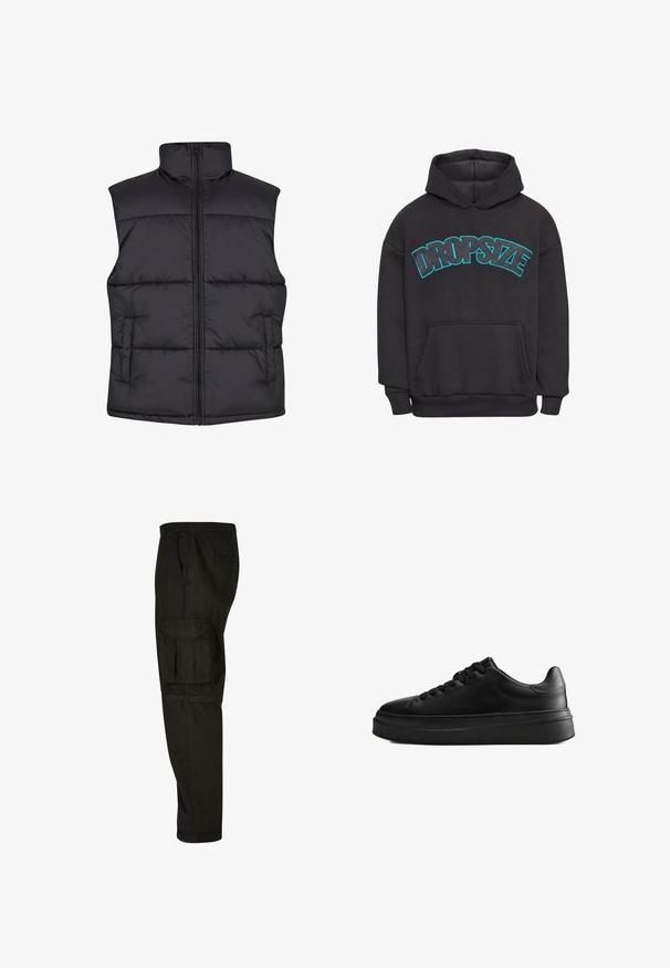 Sort polstret ærmeløs vest med høj krave, frontlynlås og sidelommer, der har en glat overflade og kviltet design.; Sort hættetrøje lavet af blødt fleece-materiale. Har en kængurulomme, ribbet kant og lys blå "DROPSIZE" tekst over brystet.; Sorte cargo bukser med afslappet pasform, elastisk talje, sidelommer og en stor cargo lomme på låret. Blødt, letvægtsstof.; Sort lavtop sneaker med tyk sål og snørelukning foran, lavet af glat læder, vist fra siden på en hvid baggrund.