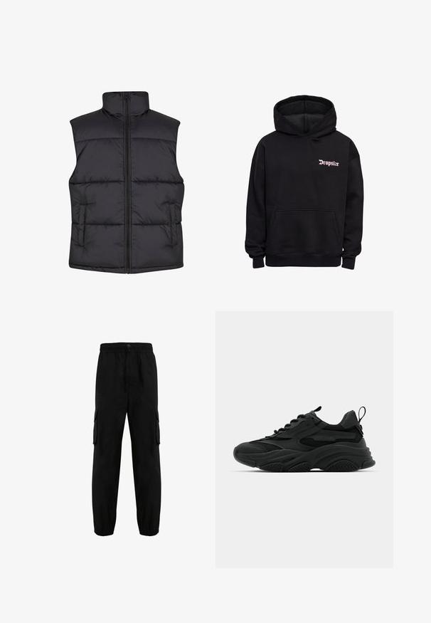 Gilet sans manches noir matelassé avec un col haut, fermeture éclair à l'avant et poches latérales, présentant une texture lisse et un design matelassé.; Sweat à capuche noir avec poche frontale et texte "Dropsize" de style gothique rose sur la poitrine supérieure.; Pantalons cargo noirs en tissu résistant, dotés d'une taille élastique, de poches latérales et de poignets élastiques aux chevilles. Design simple.; Baskets de sport noires avec une semelle épaisse, des panneaux en mesh et des accents en caoutchouc. Elles disposent d'une sangle de traction à l'arrière et de motifs texturés.