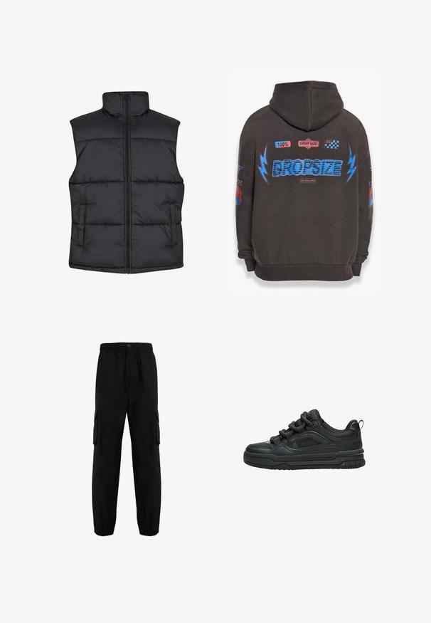 Zwarte gewatteerde mouwloze vest met een hoge kraag, een ritssluiting aan de voorkant en zijzakken, met een gladde textuur en een quiltontwerp.; Donkergrijze hoodie met grote blauwe "DROPSIZE" tekst en kleurrijke graphics. Voorzien van een capuchon, geribbelde mouwen en verschillende geprinte patches.; Zwarte cargobroeken van stevig materiaal, met een elastische tailleband, zijzakken en elastische boorden bij de enkels. Eenvoudig ontwerp.; Zwarte lage sneaker met dikke zool, gevoerde kraag, meshpanelen en dikke veters, afgebeeld tegen een witte achtergrond.