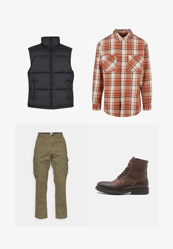 Gilet sans manches noir matelassé avec un col haut, fermeture éclair à l'avant et poches latérales, présentant une texture lisse et un design matelassé.; Chemise à carreaux orange et crème, avec des accents noirs. Fabriquée en tissu texturé avec un col et deux poches poitrine.; Pantalons cargo vert olive en coton, avec une coupe droite, des poches latérales et des coutures discrètes. La texture est lisse, avec un tissu durable.; Jack & Jones JFWDELANEY BOOT - Bottines à lacets - cognac