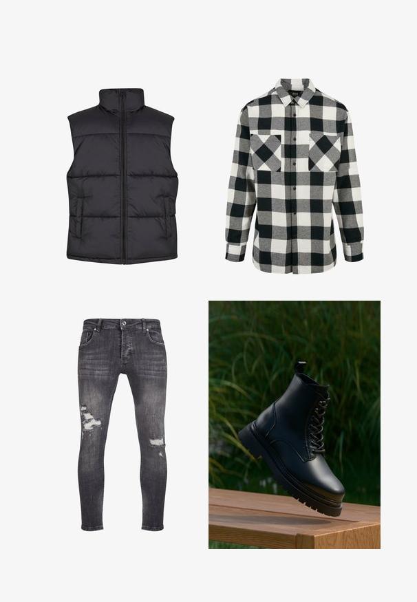 Gilet sans manches noir matelassé avec un col haut, fermeture éclair à l'avant et poches latérales, présentant une texture lisse et un design matelassé.; Chemise en flanelle noir et blanc avec un grand motif à carreaux, manches longues, patte de boutonnage à l'avant et deux poches poitrine. Fabriquée en tissu doux.; Jean en denim noir avec une coupe slim, présentant des détails usés et des déchirures effilochées aux genoux, ainsi qu'un design standard à cinq poches.; Bottine en cuir noir avec un bout rond, un laçage sur le devant et une semelle épaisse à bords crantés. Dispose d'une languette au col pour faciliter l'enfilage.