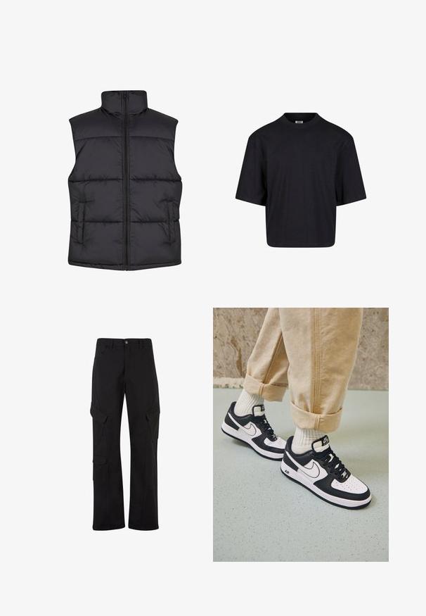 Sort polstret ærmeløs vest med høj krave, frontlynlås og sidelommer, der har en glat overflade og kviltet design.; Sort bomulds t-shirt med rund halsudskæring, korte ærmer og en oversized pasform. Glat tekstur og minimalistisk design. Ingen synlige logoer.; Sorte bomulds cargo bukser med lige ben-design, der har flere sidelommer og en knaplukning i taljen.; Sorte og hvide Nike Air Force 1 sneakers med læderoverdel, perforeret tå og tekstureret såldetalje, båret med rullede beige bukser og hvide sokker.
