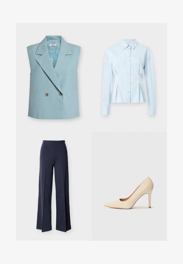 Veste sans manches bleu clair à double boutonnage avec larges revers et deux boutons, avec une petite poche poitrine.; Chemise bleu clair avec col, manches longues, fermeture boutonnée à l'avant et détails plissés à la taille, en tissu lisse.; Pantalon large bleu marine avec fentes latérales, taille haute et devant lisse, présenté sur un fond blanc.; Escarpin en cuir beige à talon haut avec un bout pointu et un détail découpé sur le côté, possédant un talon stiletto fin pour le soutien.