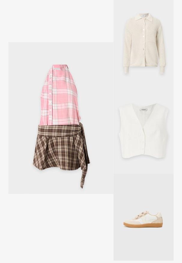 Hvid cropped top med v-udskæring, to frontlommer, fem knapper og lodrette teksturerede striber. Fremstillet af et glat, letstof.; Strikket cardigan i cremefarve med knapper foran, krave og en enkelt brystlomme. Struktureret materiale og ribstrikkede manchetter.; Ærmeløs kjole med en lyserød ternet knappet top og en brun ternet nederdel med bindedetalje i taljen, vist på en ensfarvet baggrund.; Sneakers i hvid og beige læder med nubuck-detaljer, der har en rund tå, tre velcrobånd og en gummisål.