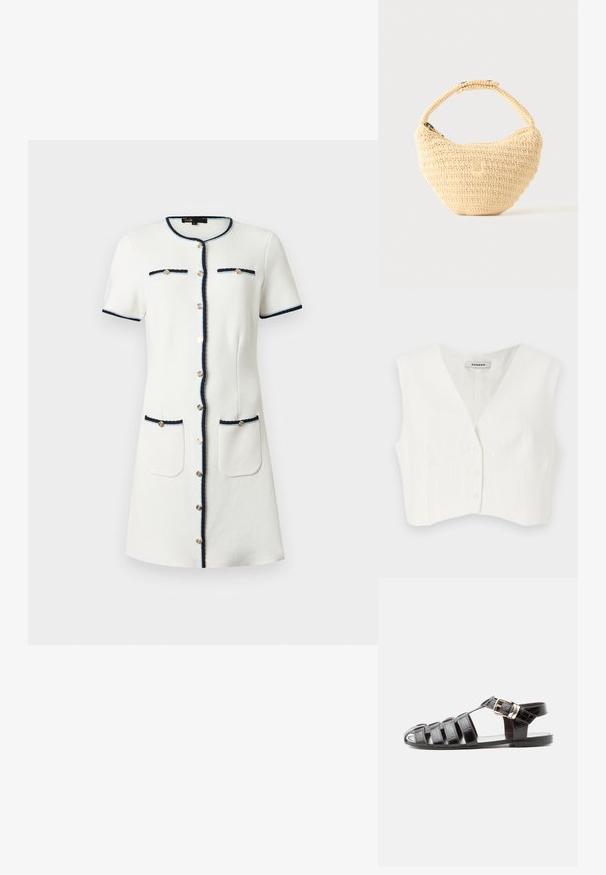Hvid cropped top med v-udskæring, to frontlommer, fem knapper og lodrette teksturerede striber. Fremstillet af et glat, letstof.; Hvid kortærmet kjole med navy detaljer, guldknapper foran, to brystlommer og to hoftelommer, knælængde, rund halsudskæring.; Sort læderfiskersandal med åben tå, flere stropper og guldspænde på flad sål, vist fra siden.; Beige vævet håndtaske med afrundet krop, lynlås, og en kort, tyk strop i en enkel, tekstureret hæklestil.