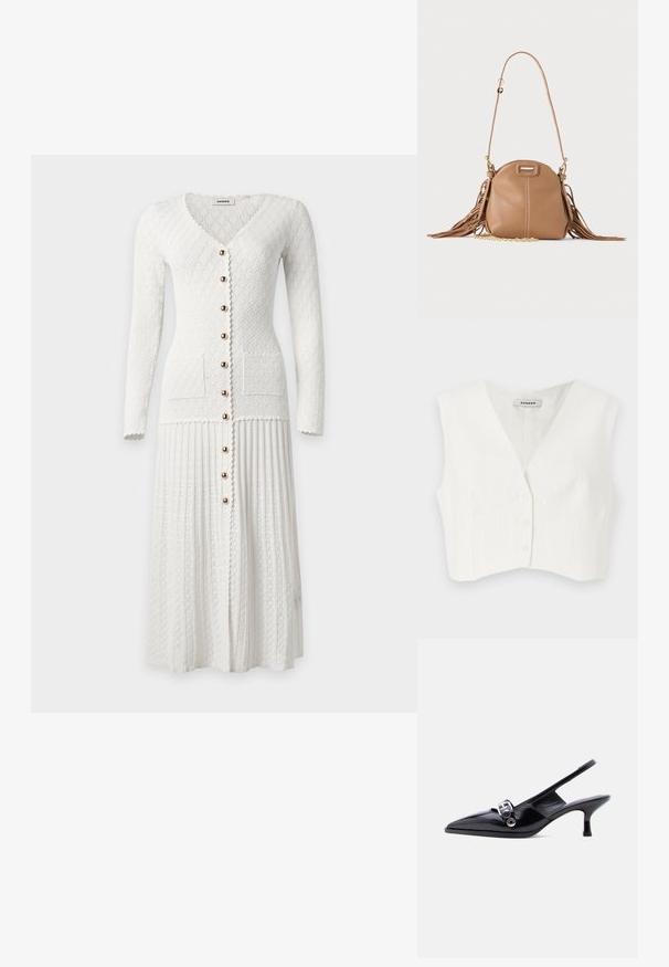 Hvid cropped top med v-udskæring, to frontlommer, fem knapper og lodrette teksturerede striber. Fremstillet af et glat, letstof.; Hvid langtærmet strikket kjole med V-hals, gyldne knapper foran, to forlommer og en tekstureret plisseret nederdel.; Sort laklæderslingbacksko med lille hæl, spids tå og sølvsfarvet spænde på ensartet hvid baggrund.; Lille tanfarvet læder skuldertaske med lang rem, guldkæde detalje og frynser på begge sider mod en neutral baggrund.
