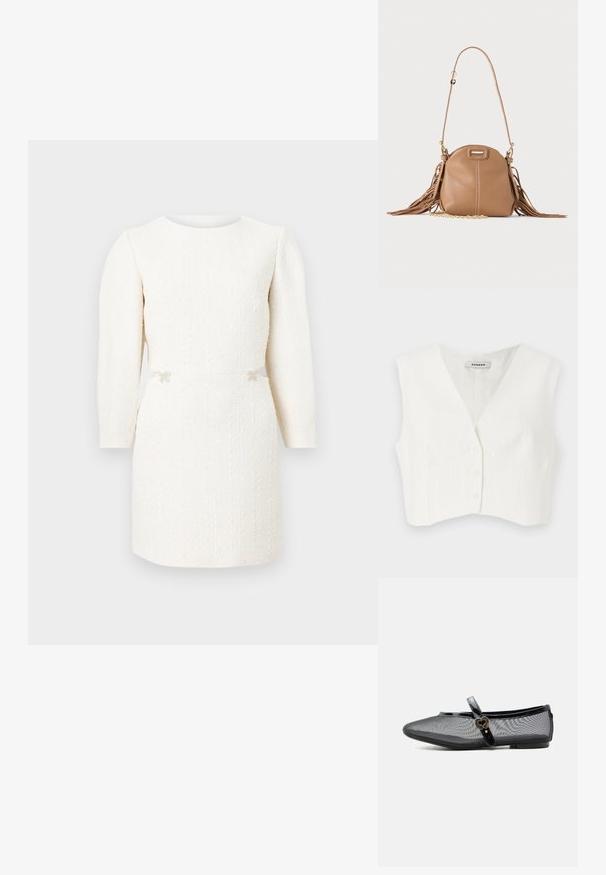 Hvid cropped top med v-udskæring, to frontlommer, fem knapper og lodrette teksturerede striber. Fremstillet af et glat, letstof.; Hvid tekstureret minikjole med lange ærmer, rund halsudskæring og dekorative små sløjfer i taljen på en ensfarvet baggrund.; Sort net Mary Jane flad sko med blank rem og hjerteformet guldlås, lav hæl og rundet tå på en ensfarvet baggrund.; Lille tanfarvet læder skuldertaske med lang rem, guldkæde detalje og frynser på begge sider mod en neutral baggrund.