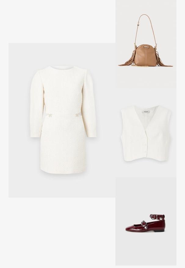 Witte cropped top met een V-hals, twee voorkruiszakken, vijf knopen en verticale textuurstrepen. Gemaakt van een gladde, lichte stof.; Witte, getextureerde mini-jurk met lange mouwen, een ronde halslijn en decoratieve kleine strikjes aan de taille, afgebeeld tegen een effen achtergrond.; Bordeaux gepatineerde leren ballerina's met een spitze neus, een enkelbandje met een zilveren gesp en een lage hak. Gladde textuur over de gehele schoen.; Kleine lichtbruine leren schoudertas met lange band, gouden kettinkdetail en franjes aan beide zijden tegen een neutrale achtergrond.