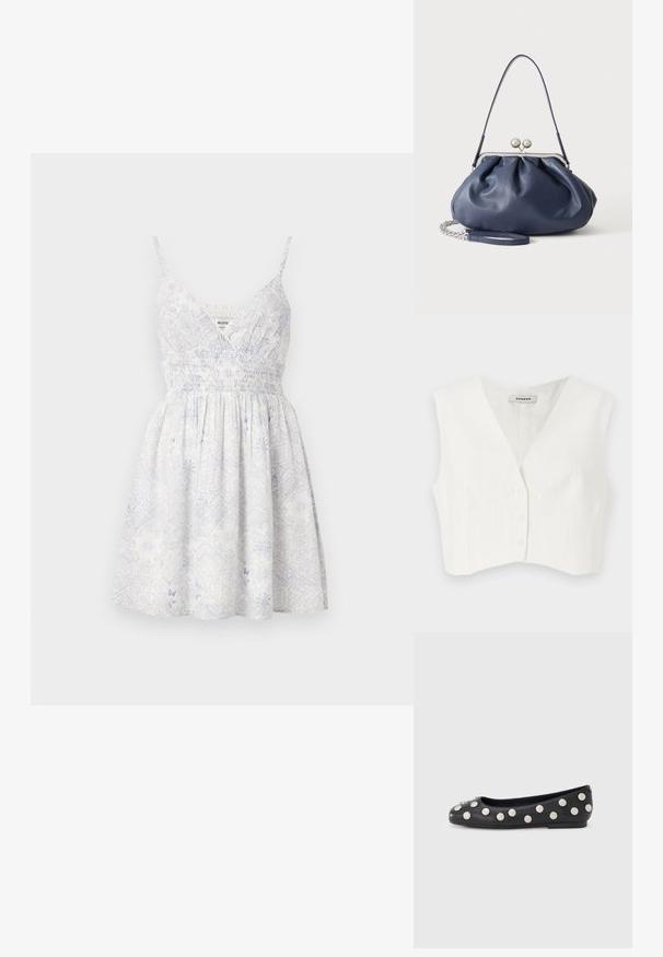 Witte cropped top met een V-hals, twee voorkruiszakken, vijf knopen en verticale textuurstrepen. Gemaakt van een gladde, lichte stof.; Witte zomerse jurk met dunne bandjes, gerimpelde taille en subtiele lichtgrijze bloemen- en geometrische patronen.; Zwarte leren ballerina met ronde zilveren studs langs de zijkant en een decoratief accent op de neus. Platte hak, afgeronde neus ontwerp.; Zachte navyblauwe leren handtas met zilveren sluiting, enkele schouderband en afneembare ketting polsband op witte achtergrond.