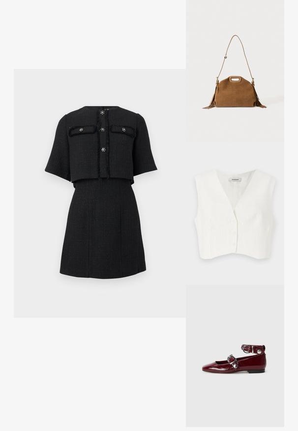 Hvid cropped top med v-udskæring, to frontlommer, fem knapper og lodrette teksturerede striber. Fremstillet af et glat, letstof.; Sort struktureret kortærmet cropped jakke med krystalknapdetaljer kombineret med matchende højhalset A-formet nederdel.; Bordeaux patentlæder flade sko med spids tå, en ankelrem med en sølvspænde og en lav hæl. Glat tekstur overalt.; Brun ruskindshåndtaske med topudskåret håndtag, lang justerbar skulderrem og frynser på begge sider.