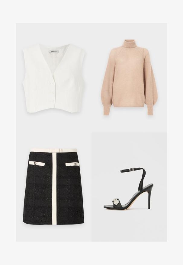 Hvid cropped top med v-udskæring, to frontlommer, fem knapper og lodrette teksturerede striber. Fremstillet af et glat, letstof.; Lyserød, oversized sweater lavet af blødt, struktureret materiale. Har høj hals og lange, puffede ærmer med tætsiddende manchetter.; Sort tekstureret mini-nederdel med hvid lodret stribe og matchende knaplommer med hvid kant på forsiden samt en hvid taljebånd.; Sort højhælet sandal med ankelrem, der har en glat læderoverdel, firkantet tå og to runde metalliske detaljer.