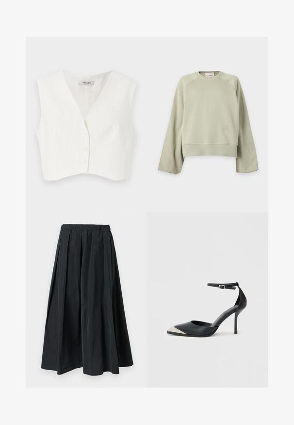 Hvid cropped top med v-udskæring, to frontlommer, fem knapper og lodrette teksturerede striber. Fremstillet af et glat, letstof.; Lys beige sweatshirt med rund hals, lange, brede ærmer, ribkanter ved ærmer og søm samt et lille diskret logo nederst til venstre foran.; Sorte plisserede bukser med vide ben og elastisk taljebånd, lavet af letvægtsstof, hængende mod en ensfarvet hvid baggrund.; Sort højhælet sko med spids tå, sølvfarvet metallisk tåkappe og ankelrem med spænde på en hvid baggrund.