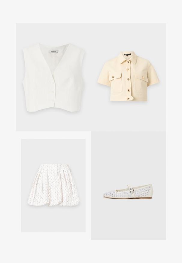 Top blanc court avec un décolleté en V, deux poches avant, cinq boutons et des rayures verticales texturées. Fabriqué en tissu lisse et léger.; Chemise beige courte à manches courtes recadrée, avec col, boutons dorés à l'avant et deux poches poitrine à rabat boutonné sur fond uni.; Jupe plissée blanche avec un motif délicat de sequins dorés et beiges disposés en lignes verticales et petits groupes.; Ballerines blanches avec motif floral découpé au laser, bout pointu et sangle réglable avec boucle en métal. Texture douce et design élancé.