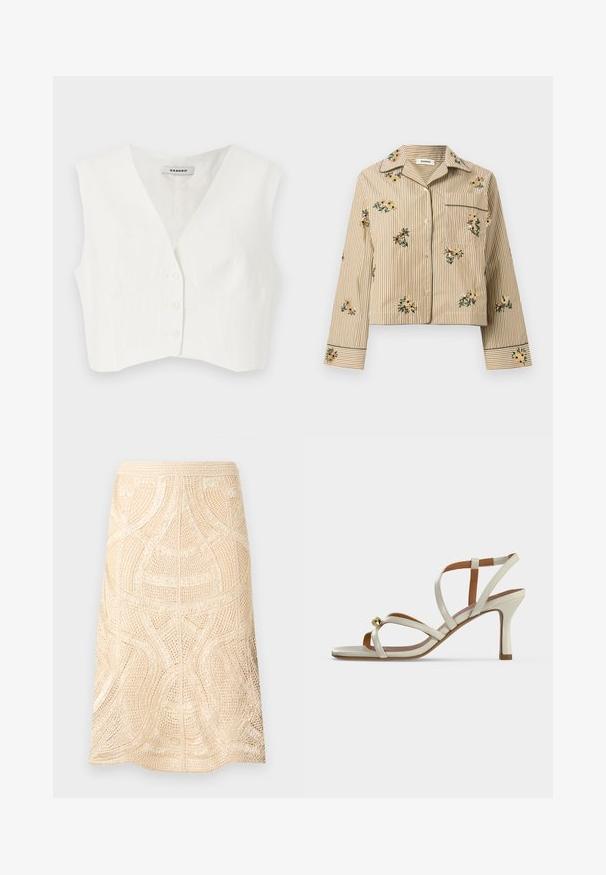 Hvid cropped top med v-udskæring, to frontlommer, fem knapper og lodrette teksturerede striber. Fremstillet af et glat, letstof.; Langærmet skjorte med beige og hvide lodrette striber, blomsterbroderi, en forlommer og en krave med knapper.; Beige knælange hæklet nederdel med indviklede geometriske og bølgede mønstre, med en tætsiddende talje og sømløs søm bagpå.; Beige hæl-sandal med tynde stropper, der krydser over foden, og en lille gylden dekorativ kugle nær tåområdet.