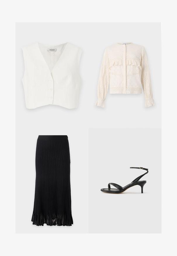 Top blanc court avec un décolleté en V, deux poches avant, cinq boutons et des rayures verticales texturées. Fabriqué en tissu lisse et léger.; Blouse couleur crème avec des accents froncés, des détails en dentelle raffinée, des manches longues avec des poignets froncés et un col rond.; Jupe midi noire avec côtes verticales et ourlet à franges, en tissu léger.; Sandale pour femme en cuir noir avec fines lanières, une boucle d'orteil, une boucle à la cheville et un talon aiguille de hauteur moyenne sur un fond neutre.