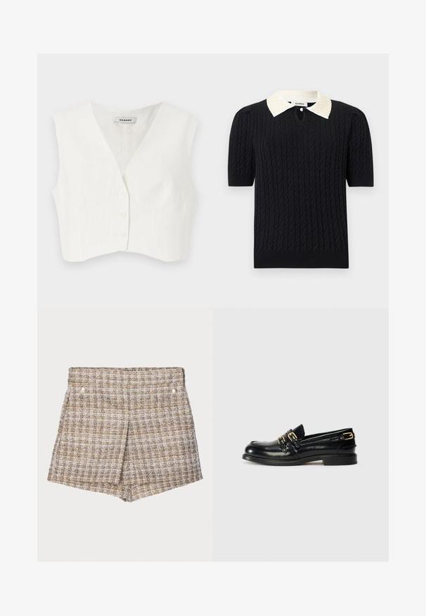 Witte cropped top met een V-hals, twee voorkruiszakken, vijf knopen en verticale textuurstrepen. Gemaakt van een gladde, lichte stof.; Zwart, kort mouw gebreid top met kabelpatroon, voorzien van een witte puntige kraag versierd met parels en een kleine sleutelgatknop aan de voorkant.; Bruine geruite geweven shorts met een gestructureerde afwerking, voorzien van twee zilveren drukknoopjes aan de voorkant en een op maat gemaakte, gestructureerde uitstraling.; Zwarte leren instappers met een glanzende afwerking, voorzien van twee gouden gespen en een lage hak. Gladde textuur met een ronde neus.