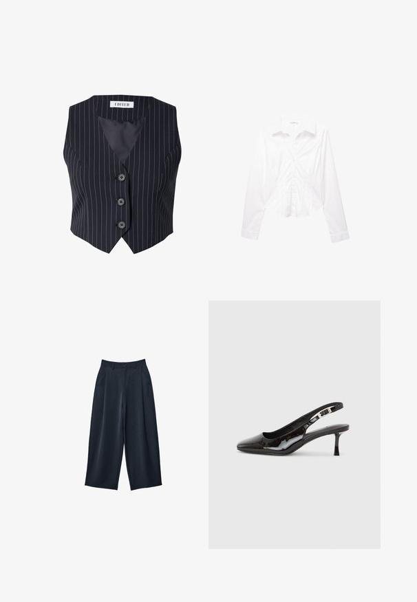 Zwarte mouwloze vest met witte verticale strepen, voorzien van een diepe V-hals, vijf knopen en een gestructureerde silhouet. Glad binnenvoering.; Witte blouse met lange mouwen, knoopsluiting, kraag, slim fit en manchetten, plat liggend op een witte achtergrond weergegeven.; Marineblauwe wijde broek van een gladde stof, met een hoge taille, voorplooien en zijzakken. Eenvoudige knoopsluiting.; Zwarte slingback schoen van lakleer met spitse neus, zilveren gesp en een middelhoog kittenhak op een effen lichte achtergrond.