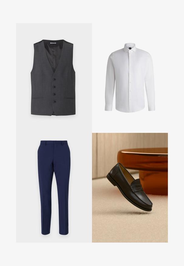 Grijze op maat gemaakte vest met een V-hals, vijf knopen aan de voorkant, twee zijzakken en een gladde binnenvoering.; Witte lange mouwen shirt van soepel katoen, met een klassieke kraag, volledige knoopsluiting en knoopmanchetten. Minimalistisch ontwerp.; Navyblauwe op maat gemaakte broeken van gladde stof, met een slanke pasvorm, een platte voorkant en een standaard tailleband met riemlussen.; Zwarte leren loaferschoen zwevend boven een beige tapijt met amberkleurige moderne meubels op de achtergrond.
