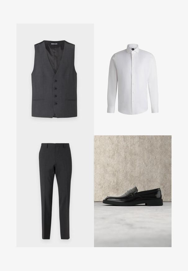 Grijze op maat gemaakte vest met een V-hals, vijf knopen aan de voorkant, twee zijzakken en een gladde binnenvoering.; Witte lange mouwen shirt van soepel katoen, met een klassieke kraag, volledige knoopsluiting en knoopmanchetten. Minimalistisch ontwerp.; Donkergrijze op maat gemaakte broeken met een gladde textuur, slim fit, platte voorkant en riemlussen, ontworpen voor formele of zakelijke kleding.; Zwarte gepolijste leren loafer die boven een beige tapijt zweeft met oranje doorschijnend meubilair op de achtergrond.