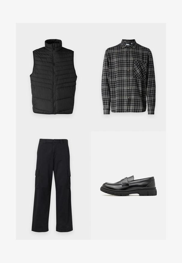 Sort quiltet puffer vest med høj krave, frontlynlås og uden ærmer. Har horisontale syninger for tekstur og isolering.; Only & Sons Lumberjack ONSARCHER Lumberjack - Skjorter - black; Sorte cargo bukser lavet af bomuldsblanding, med løs pasform, to sidelommer og knaplukning. Flad tekstur med minimale udsmykninger.; Sort læder loafersko med en bred rem over forfoden, gummisål med tykke mønstre og glat overflade. Klassisk, slankt design.