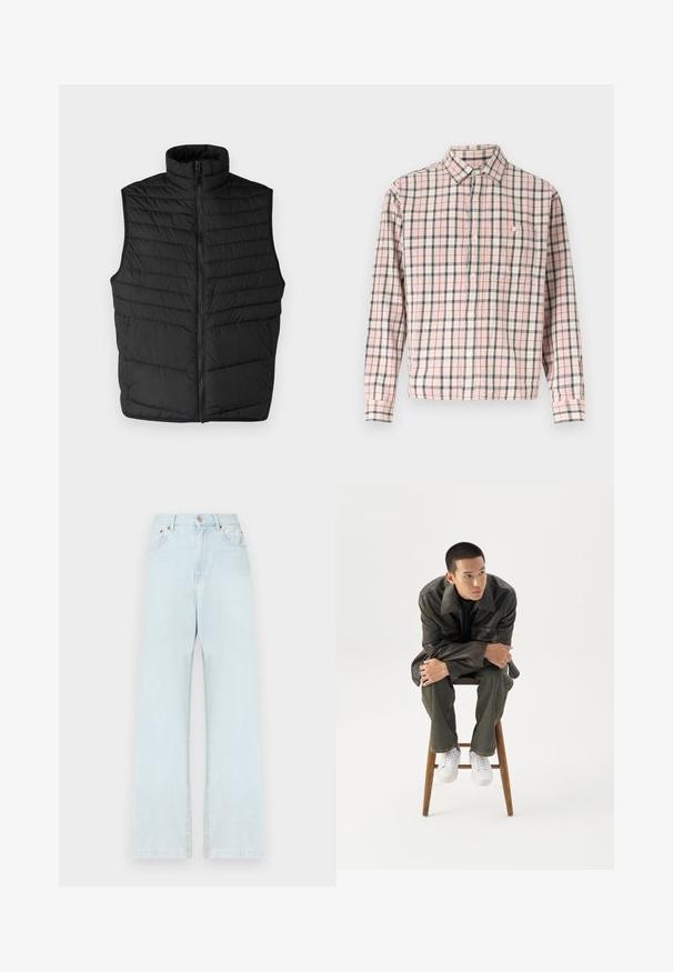 Sort quiltet puffer vest med høj krave, frontlynlås og uden ærmer. Har horisontale syninger for tekstur og isolering.; Langærmet skjorte med knapper og tern i lyserød, hvid og grå, med en enkelt brystlomme med knap.; Lyseblå denimjeans med lige ben, fem lommer, knaplukning og minimale syninger.; Ung mand i mørk læderjakke og jeans sidder på en træskammel, læner sig fremad med armene krydset og kigger til siden mod hvid baggrund.