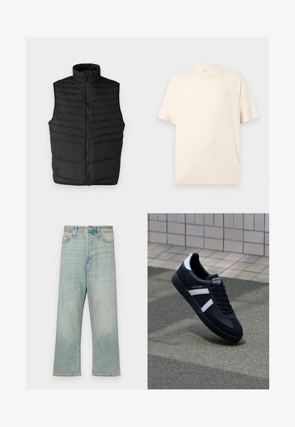 Sort quiltet puffer vest med høj krave, frontlynlås og uden ærmer. Har horisontale syninger for tekstur og isolering.; Enkelt beige t-shirt med korte ærmer og rund hals, vist fladt på en lys grå baggrund.; Lyseblå denimjeans med en afslappet pasform, lige ben og en falmet finish; har en klassisk knap- og lynlås-lukning.; Sort lædersneaker med hvide striber, tekstureret gummisål og snørrebånd foran. Har et brandet mærke på tungen.