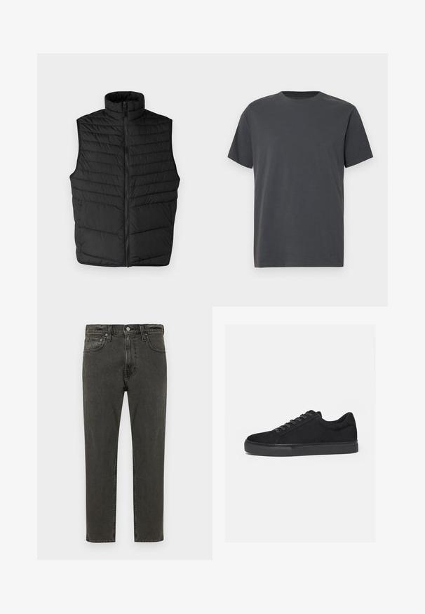 Sort quiltet puffer vest med høj krave, frontlynlås og uden ærmer. Har horisontale syninger for tekstur og isolering.; Mørkegrå t-shirt med korte ærmer lavet af blød bomuld. Klassisk rund hals med en glat tekstur uden synlige mønstre eller detaljer.; Sorte, lige denimjeans med forreste knapper, bæltestropper og fem-lomme-design, vist mod en hvid baggrund.; Sort lavtop sneaker med snørelukning foran og flad gummisål, vist fra siden på en hvid baggrund.