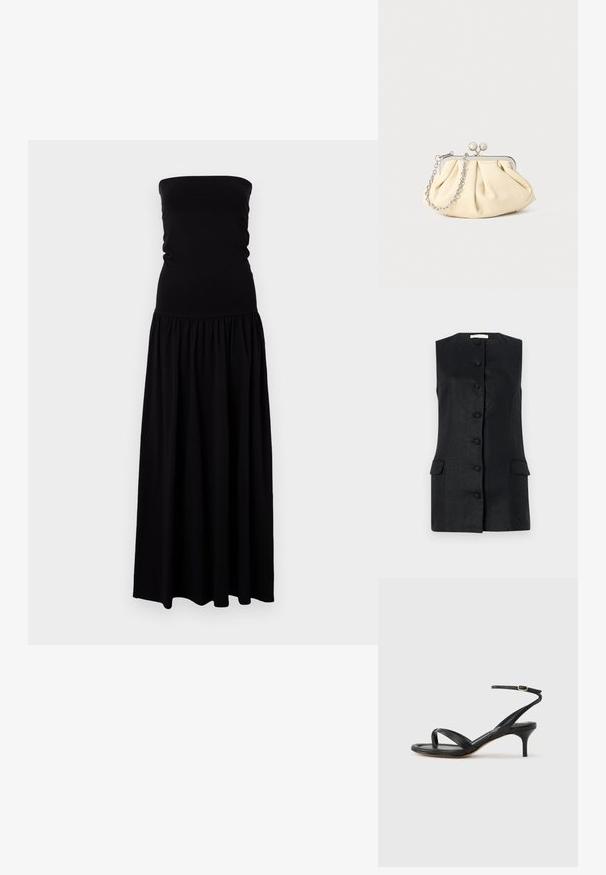Sød løstsiddende sort vest uden ærmer lavet af tekstureret stof, med en lige skæring, seks knapper og to forlommer. Simpelt og struktureret design.; Sort strapless maxikjole lavet af blødt, strækbart stof. Tætsiddende krop med en samlet nederdel, flydende stof og glat tekstur.; Sort damesandal i læder med tynde remme, en tå-loop, ankelspænde og en mellemhøj stiletthæl på en neutral baggrund.; Plisseret beige læderclutch med en sølvmetalramme, der har to runde dekorative låse og en sølvkædetrasporte.