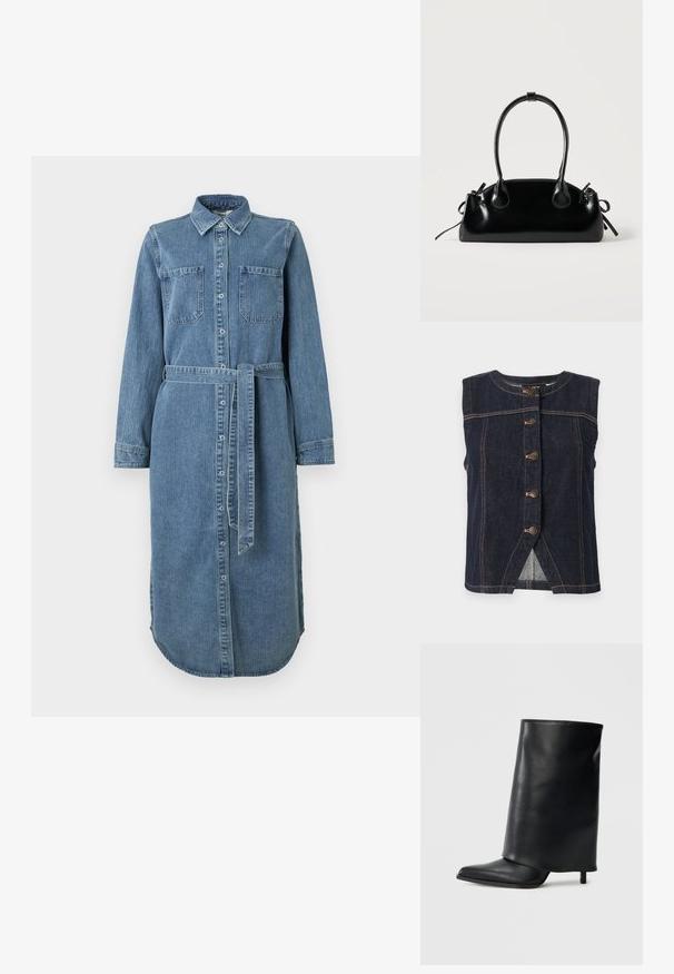 Ärmellose dunkelblaue Jeansweste mit fünf Metallknöpfen in der Mitte und beigefarbenen Kontrastnähten überall.; Jeanshemdkleid in Hellblau mit langen Ärmeln, Knopfleiste, zwei Brusttaschen und einem Taillengürtel. Der Saum ist rund und hinten länger.; Schwarzer Leder-Stiefelette mit einem strukturierten, umgeschlagenen Design, spitzer Zehe und dünnem Absatz. Glatte Textur mit minimalen Details.; Kleine schwarze glänzende Handtasche mit zwei langen Griffen und seitlichen Kordelzug-Details vor einfachem hellem Hintergrund.