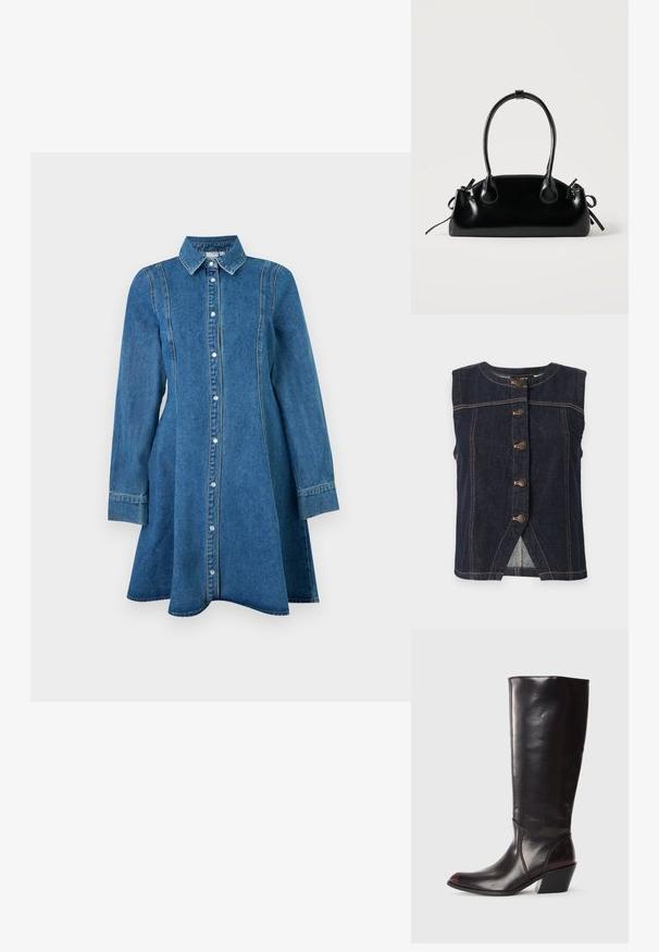 Ärmellose dunkelblaue Jeansweste mit fünf Metallknöpfen in der Mitte und beigefarbenen Kontrastnähten überall.; Blaues Denim-Kleid mit langen Ärmeln, Kragen, Knopfleiste vorne und Nahtdetails, das am Saum leicht ausgestellt ist.; Knöchelhigh, dunkelbraune Lederstiefel mit spitzem Zeh, eckigem Blockabsatz und glatter, glänzender Textur. Verfügt über ein klares Design und Steppnähte.; Kleine schwarze glänzende Handtasche mit zwei langen Griffen und seitlichen Kordelzug-Details vor einfachem hellem Hintergrund.