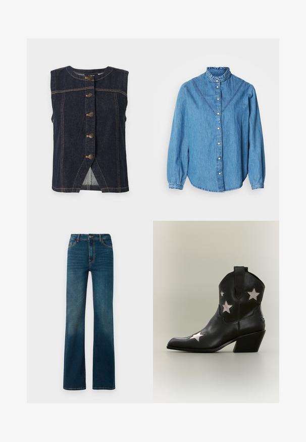 Ärmellose dunkelblaue Jeansweste mit fünf Metallknöpfen in der Mitte und beigefarbenen Kontrastnähten überall.; Blaues Denimhemd mit einem gerafften hohen Kragen, Knopfleiste vorne und langen Ärmeln. Mit dekorativen Nähten und einem leicht geschwungenen Saum.; Dunkelblaue, hoch geschnittene Jeans mit geradem Bein. Aus Denim gefertigt, mit kontrastierenden Nähten und einem klassischen Fünf-Taschen-Design.; Schwarzer Leder-Cowboystiefel bis zum Knöchel mit mittelhohem schrägem Absatz und weißen sternförmigen Ausschnitten an den Seiten und an der Spitze.
