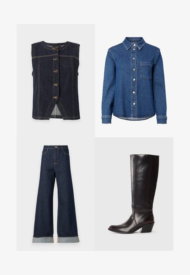 Chaleco sin mangas de mezclilla azul oscuro con cinco botones metálicos en el centro y costuras contrastantes beige por todo el chaleco.; Camisa de manga larga de denim azul con botones delanteros, un único bolsillo en el pecho a la izquierda y un cuello clásico.; Jeans de mezclilla oscuros de pierna ancha con costuras naranjas, con una cintura alta, dos bolsillos delanteros y puños enrollados que muestran una tela de contraste en azul claro.; Bota de cuero marrón oscuro hasta la rodilla con punta afilada, tacón angular y textura suave y brillante. Presenta un diseño limpio y detalles de costura.