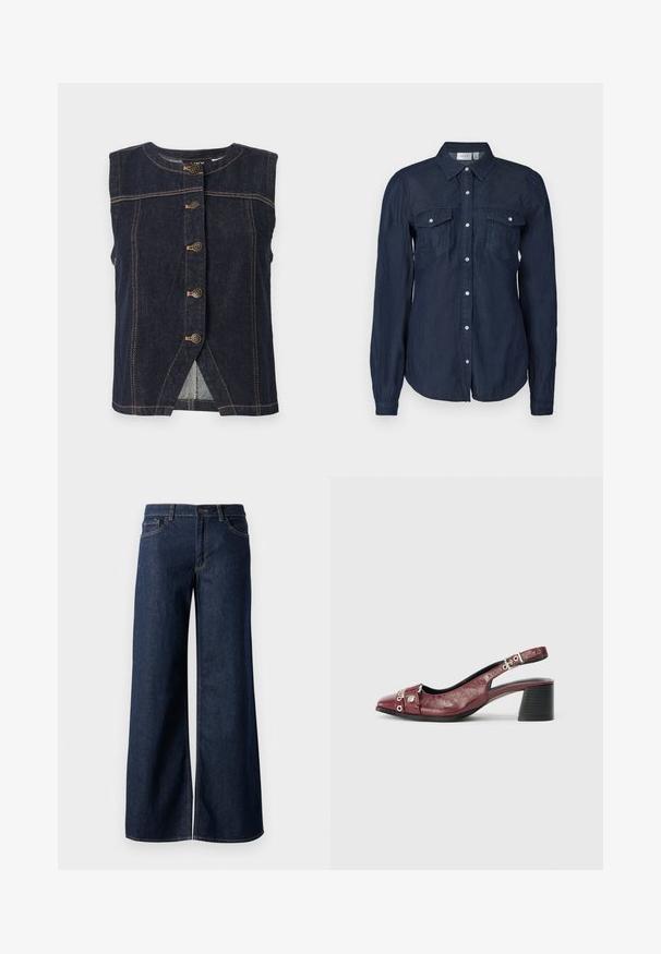 Chaleco sin mangas de mezclilla azul oscuro con cinco botones metálicos en el centro y costuras contrastantes beige por todo el chaleco.; Camisa de botones azul marino en tejido ligero, con dos bolsillos frontales, mangas largas y un cuello clásico con dobladillo curvado.; Jeans de pierna ancha en denim azul oscuro. Presenta costuras en contraste, cinco bolsillos y un cierre de botón en la cintura. Textura suave.; Zapato slingback de cuero burdeos con punta redonda, diseño curvado, acentos de metal plateado y tacón ancho. Acabado texturizado.