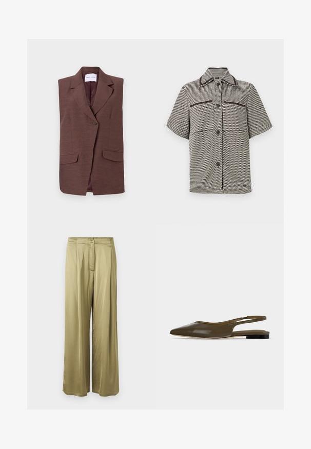 Blazer sans manches marron avec un col à revers, fermeture à un bouton et deux poches avant. Texture lisse avec un léger éclat.; Chemise à manches courtes boutonnée avec motif pied-de-poule noir et blanc, garniture contrastante sur le col et les poches poitrine.; Pantalons amples de couleur vert olive, fabriqués en tissu lisse, avec une fermeture à bouton à l'avant et des détails plissés à la taille.; Chaussure plate à bout pointu vert olive avec bride arrière, talon noir bas et finition lisse et brillante.