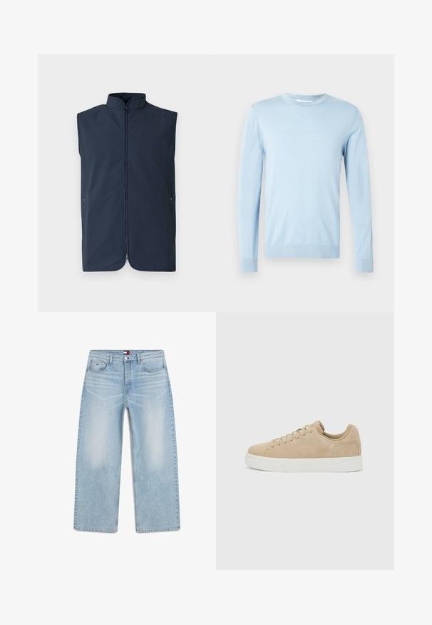 Veste sans manches bleu marine en tissu léger, dotée d'un col montant, d'une fermeture éclair avant et de poches latérales avec fermetures à pression.; Pull à manches longues bleu clair en matériau doux. Il présente un col rond et des poignets côtelés aux manches et à l'ourlet. Design simple.; Jean bleu clair à jambes larges avec cinq poches, fermeture par bouton et zip, et détails subtils délavés sur l'avant des cuisses.; Baskets basses en daim beige avec fermeture à lacets et semelle en caoutchouc blanc sur fond gris clair.